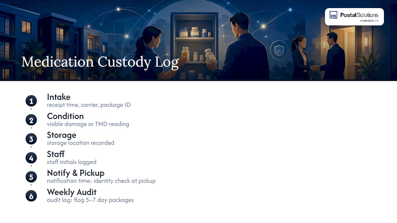 Medication custody log fields and audit step