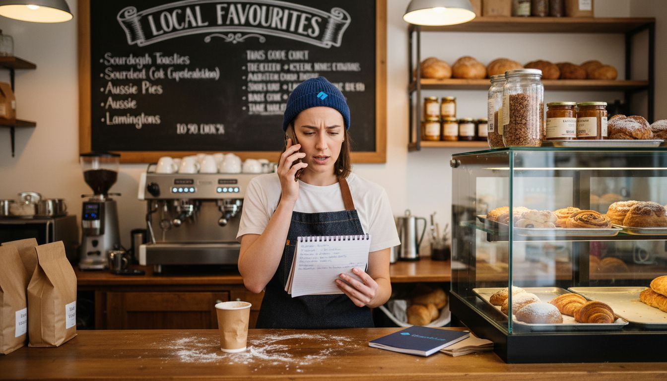 Bakery owner using phone for voice search
