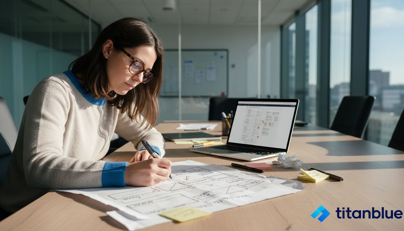 Manager sketching website wireframes at table