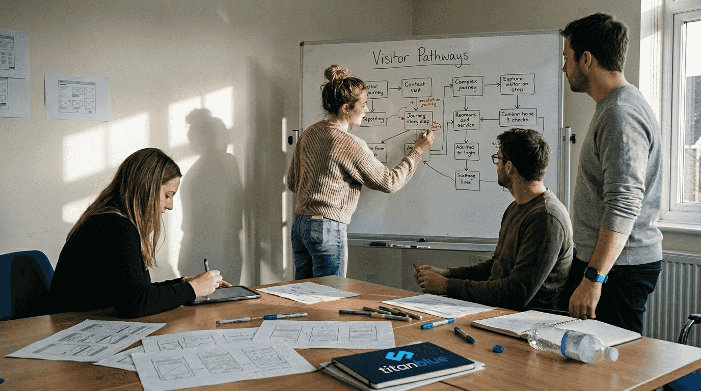 Team mapping website user journey on whiteboard