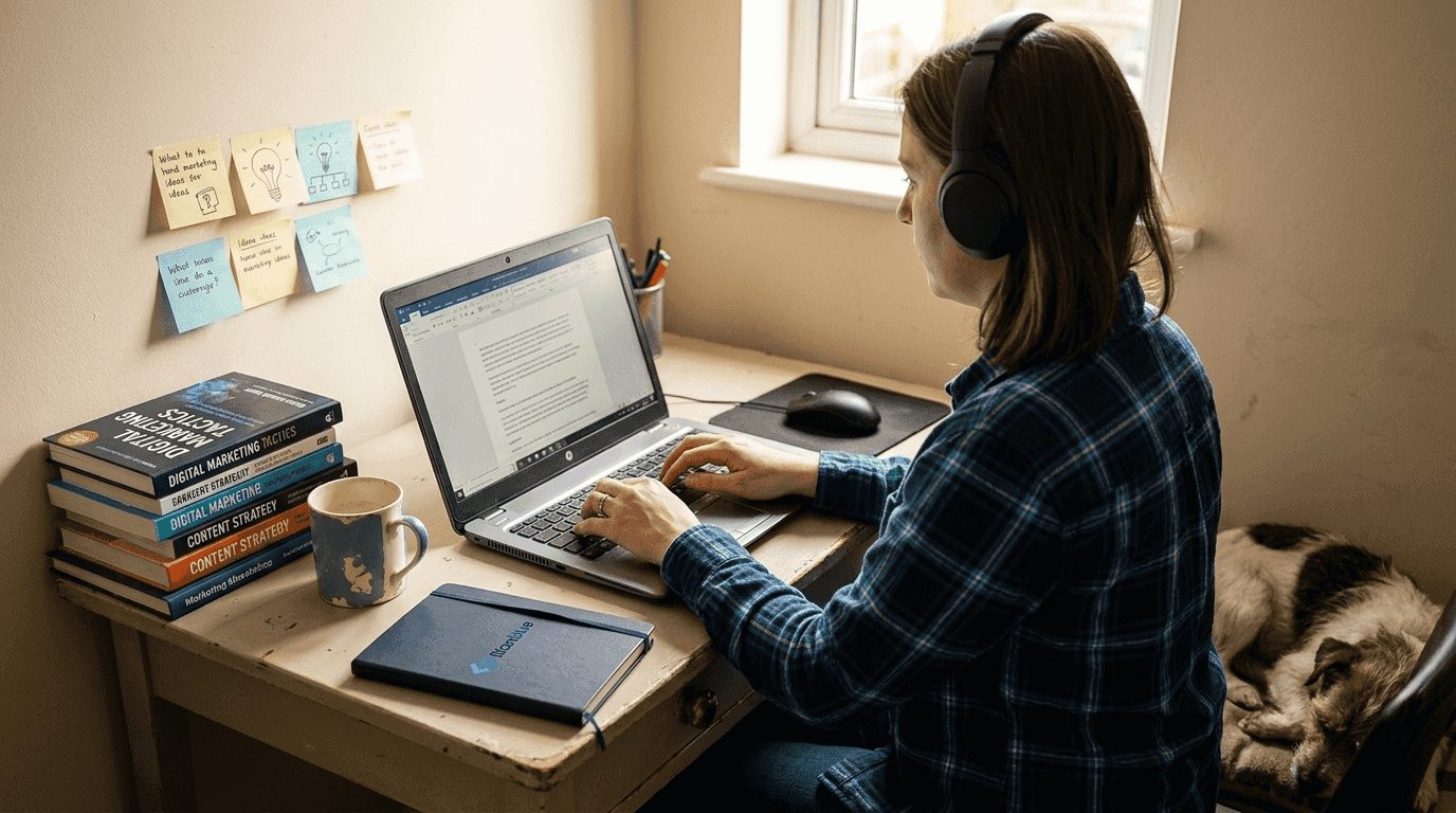 Woman creating marketing content at desk