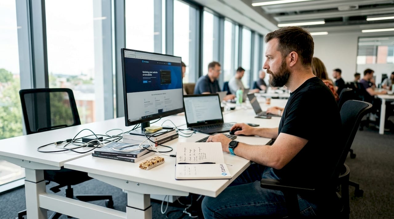IT consultant updating website at desk