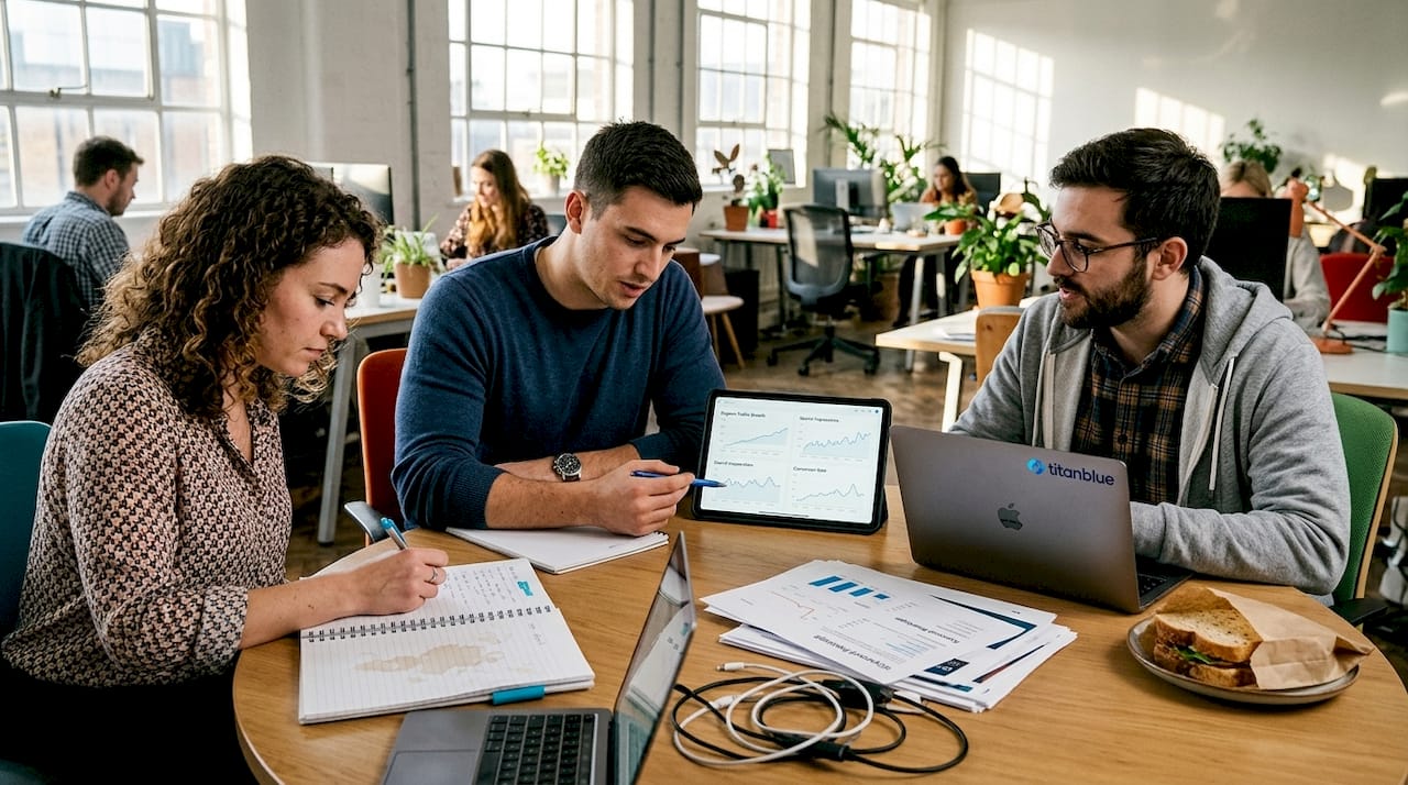 Colleagues planning SEO strategy at office table