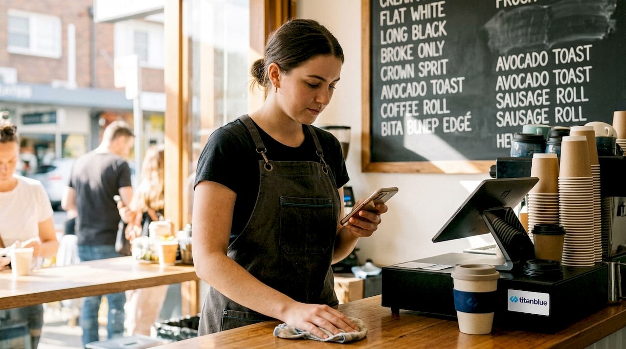 Barista checking cafe online reviews