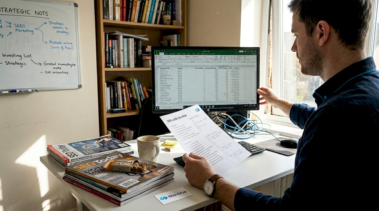 Specialist reviewing technical SEO audit checklist