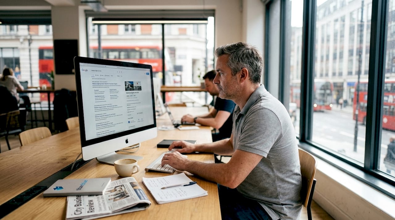 Business owner viewing Google search results