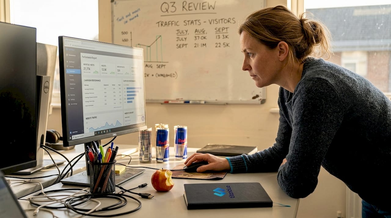 Marketer checking ad performance data at desk