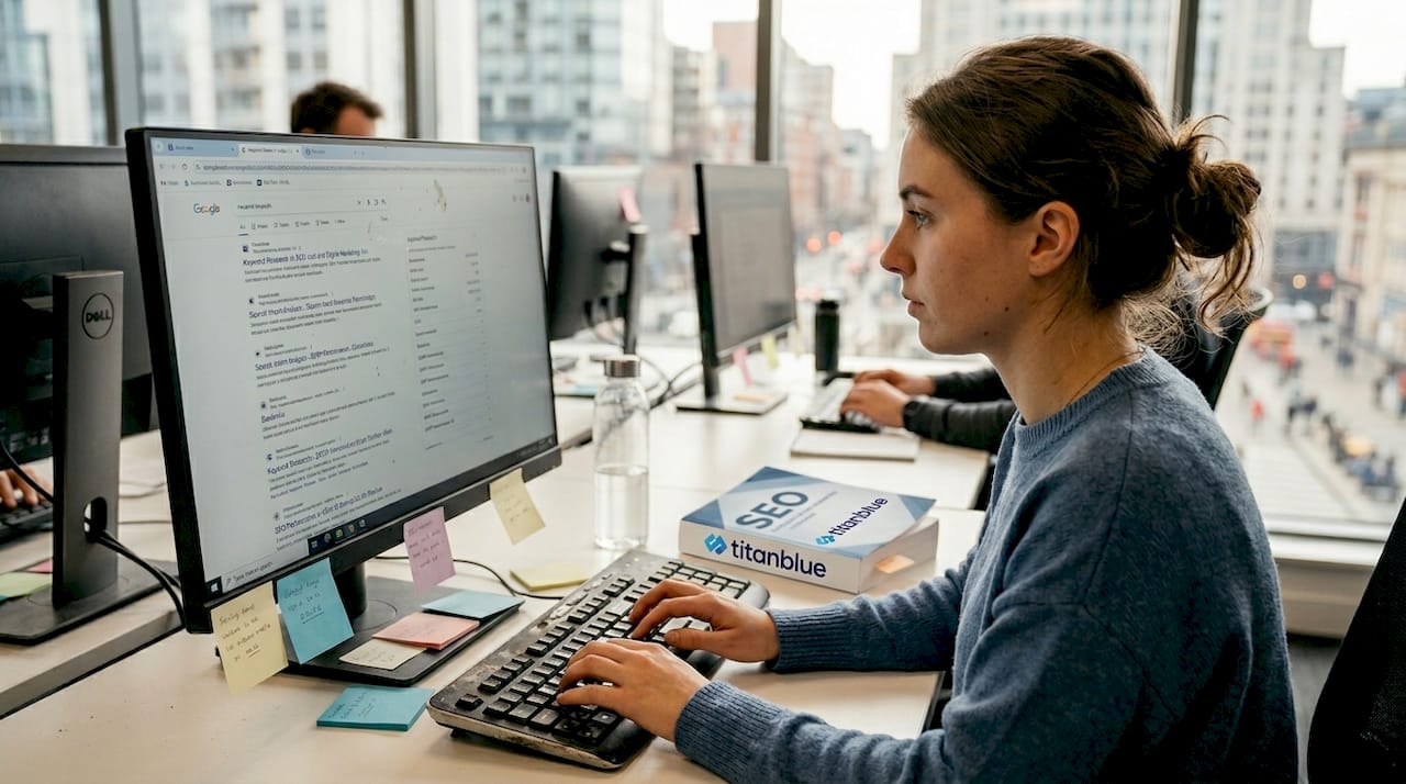 Manager researching SEO terms at desk