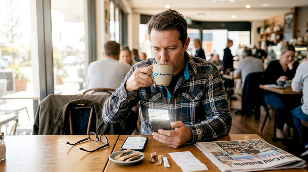 Customer reading business reviews in local café