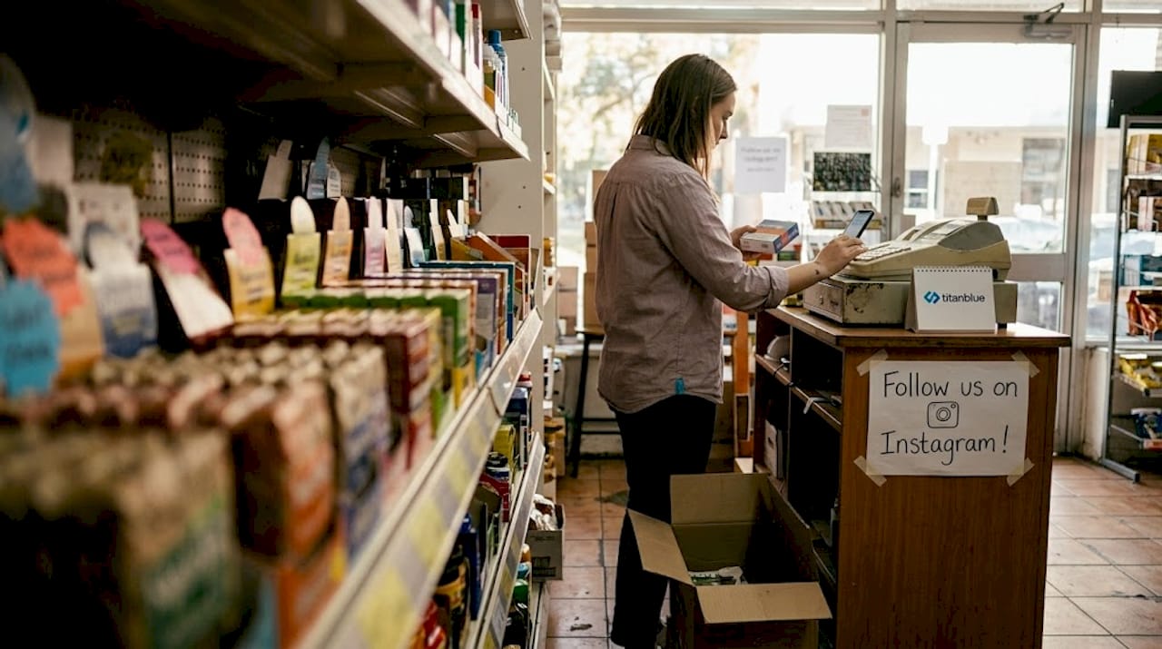 Shopkeeper uses phone for store’s social media