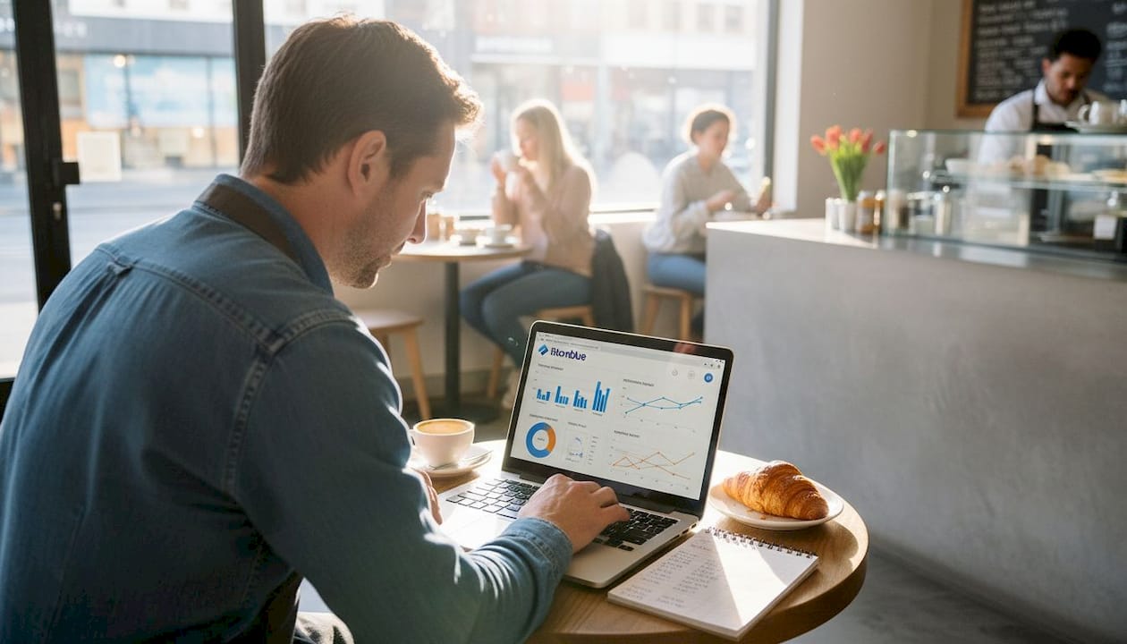 Café owner reviews website stats at busy café table