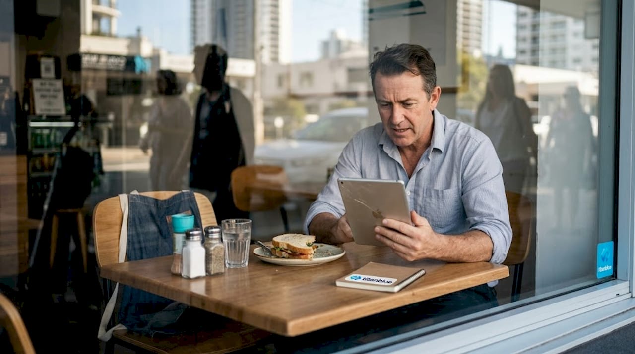 Restaurant owner checks Google reviews in café