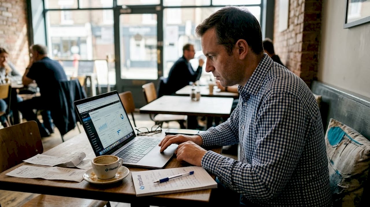 Small business owner reviews AI dashboard