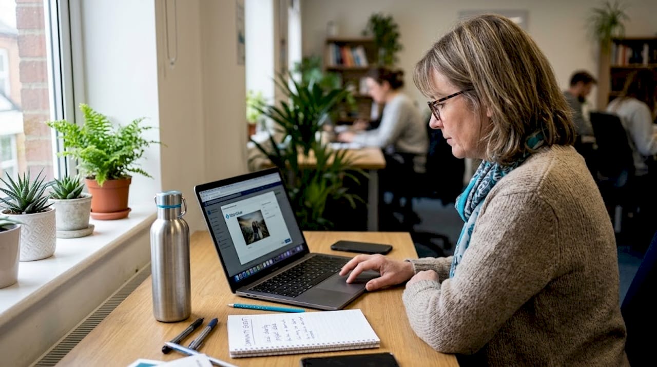 Business owner creating social content with laptop