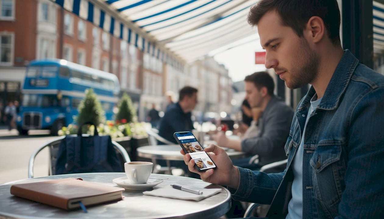 Man checking website on phone at café
