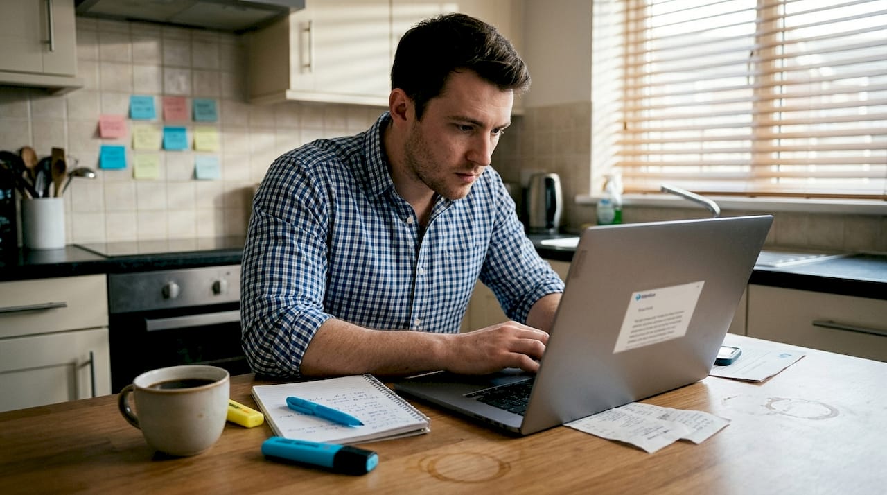Content writer drafting article in kitchen workspace