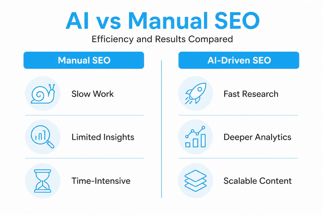 Infographic comparing AI-driven SEO to manual SEO