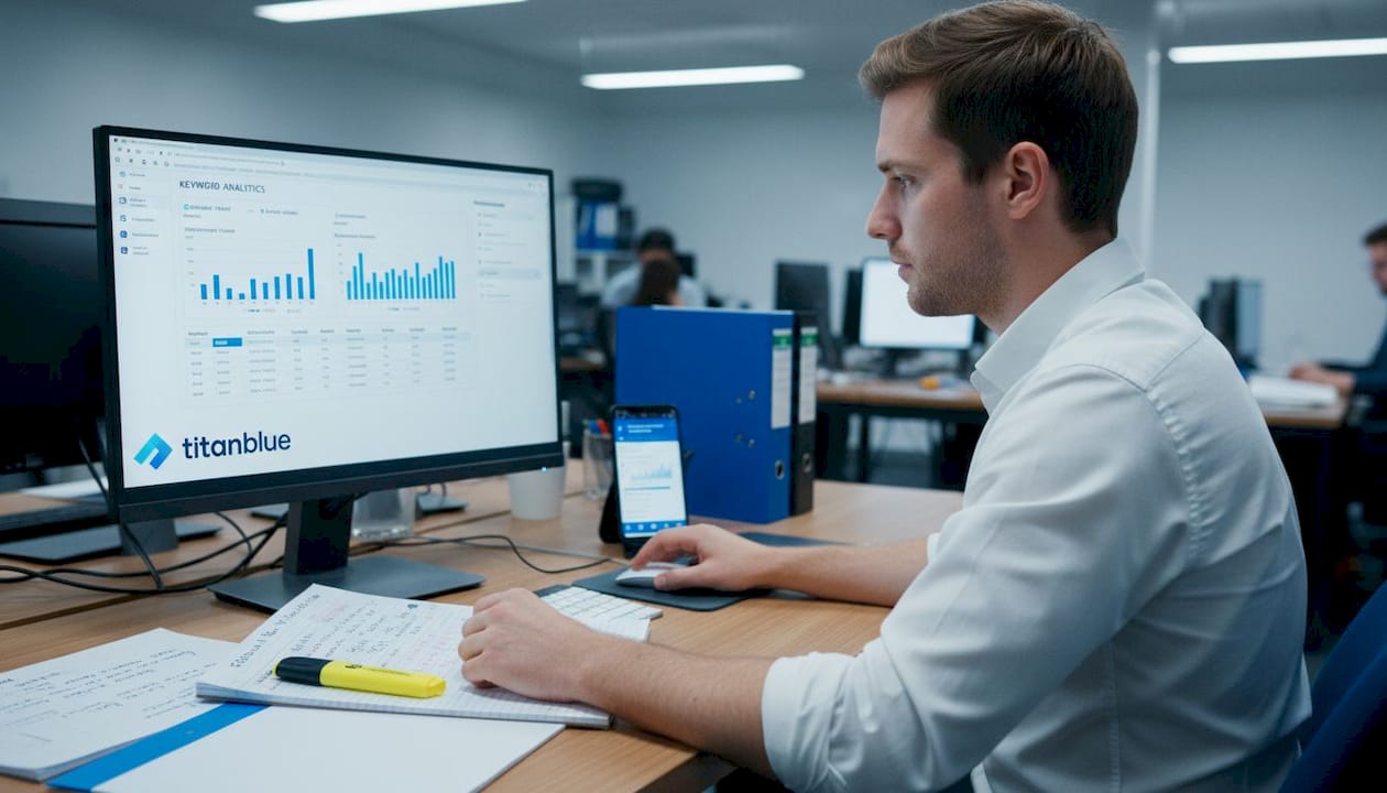 Marketer analyzing SEO keyword data at desk