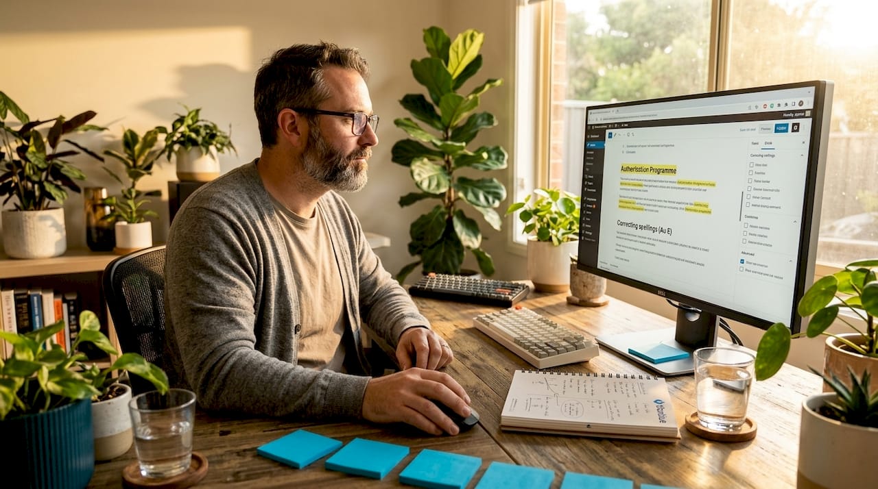 Editing web content at coworking office desk