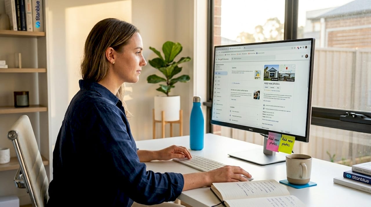 Woman updating business profile at home desk