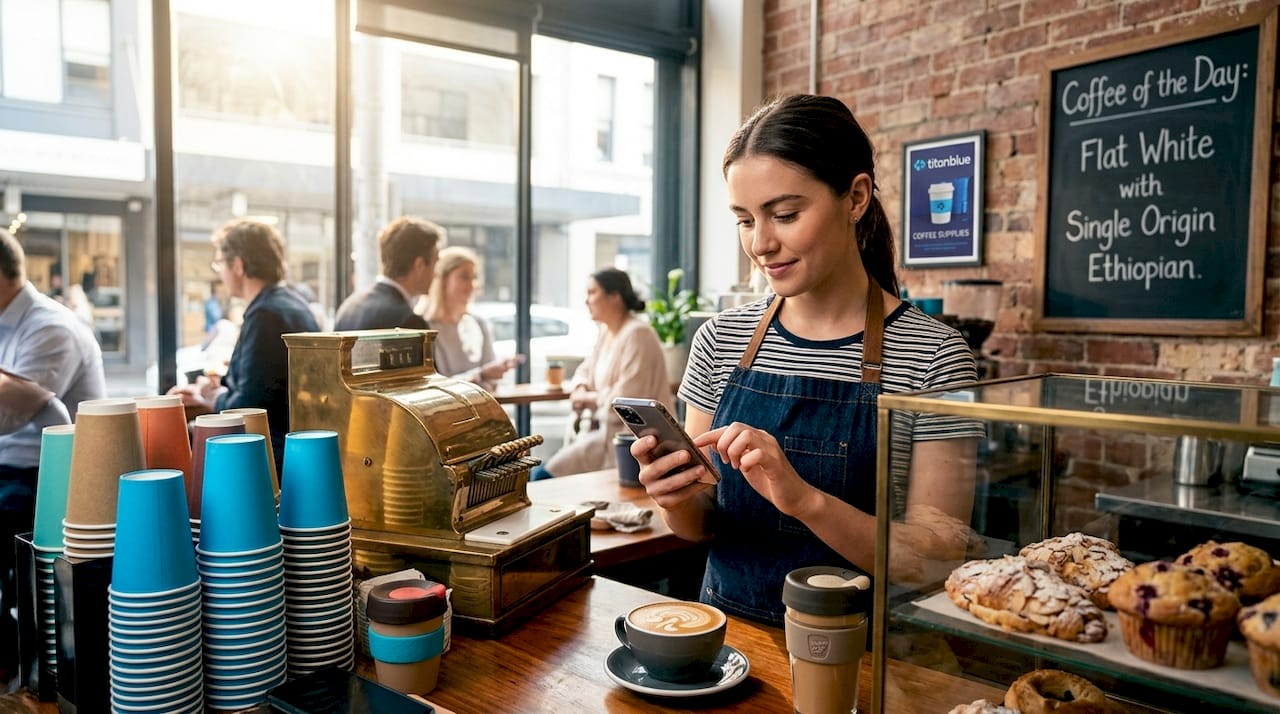Barista posting cafe photo on Instagram