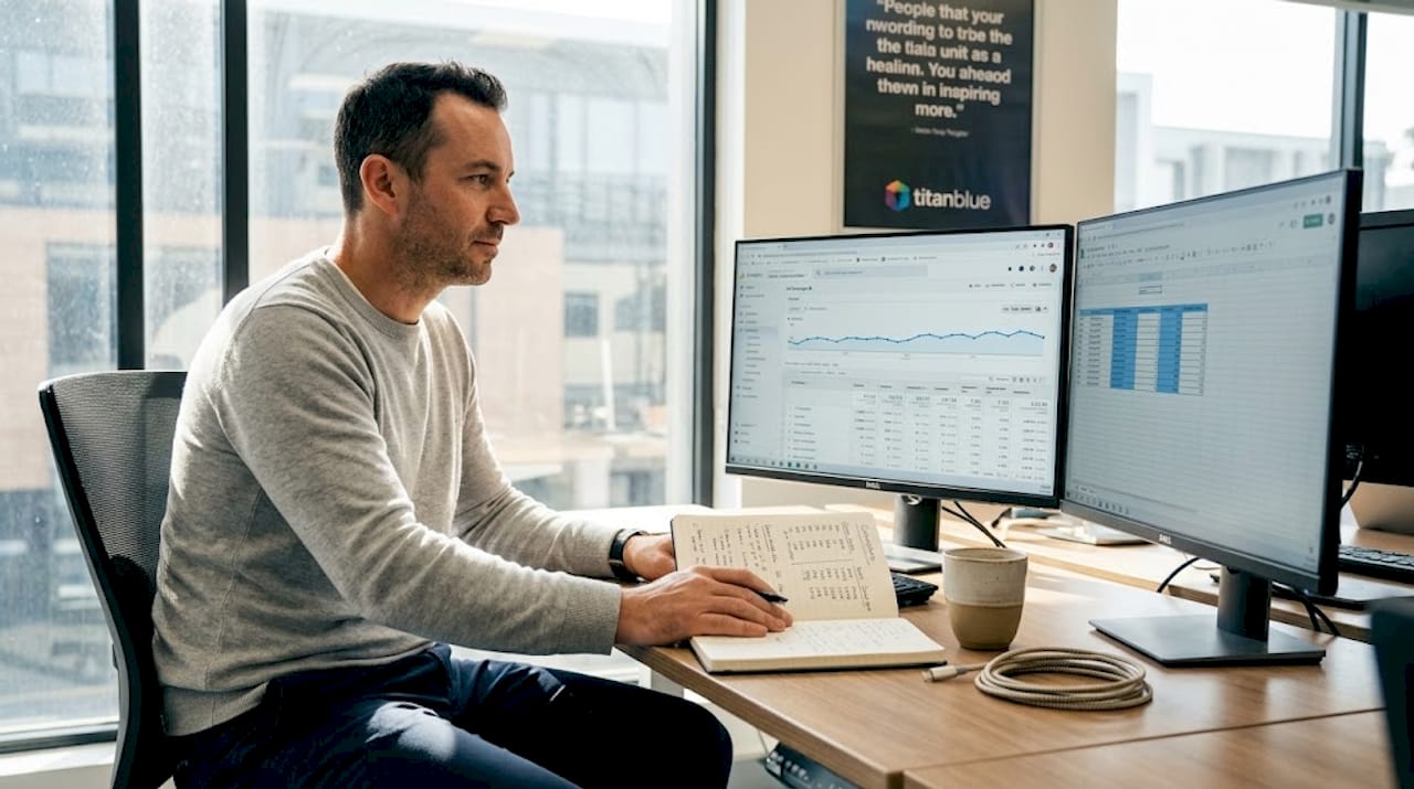 Analyst reviews campaign data in cubicle