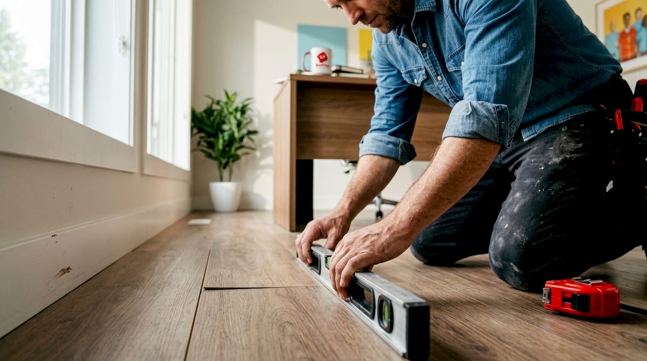 Contractor checking laminate floor for evenness