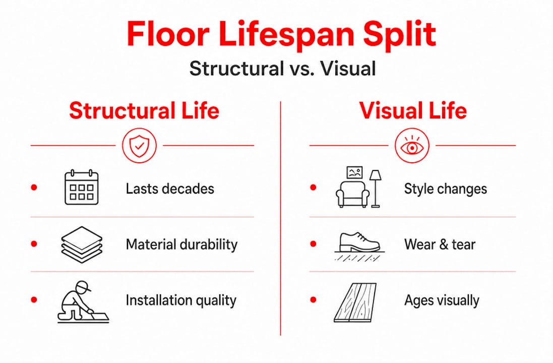 Infographic comparing structural and visual floor lifespan