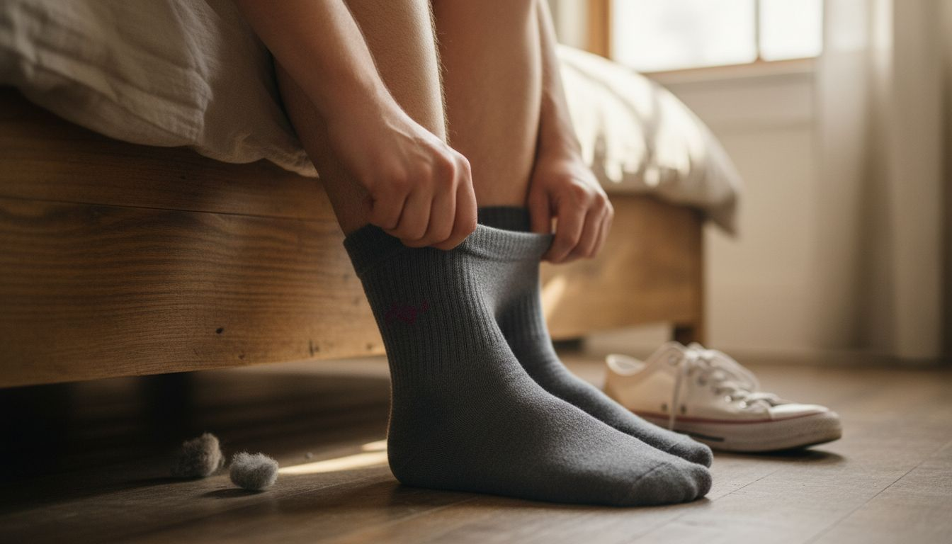 Close-up of hands stretching athletic sock