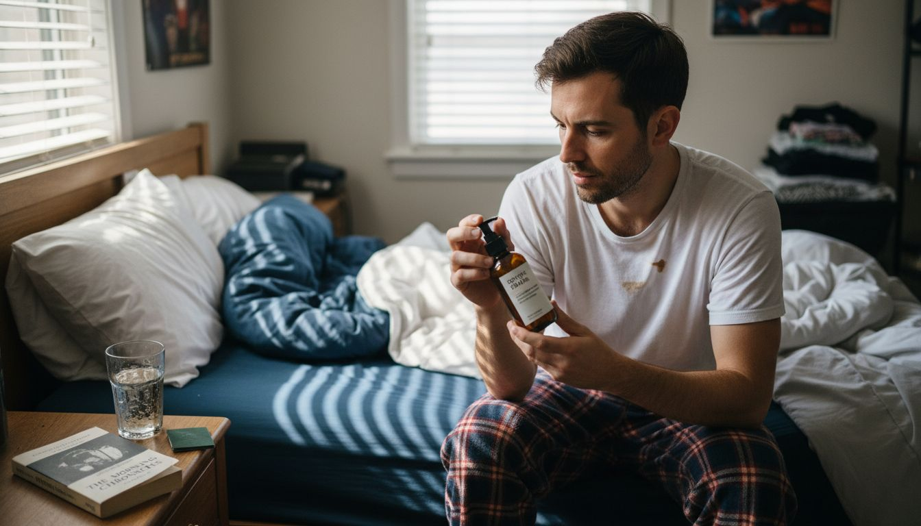 Man with basic skincare products in bedroom