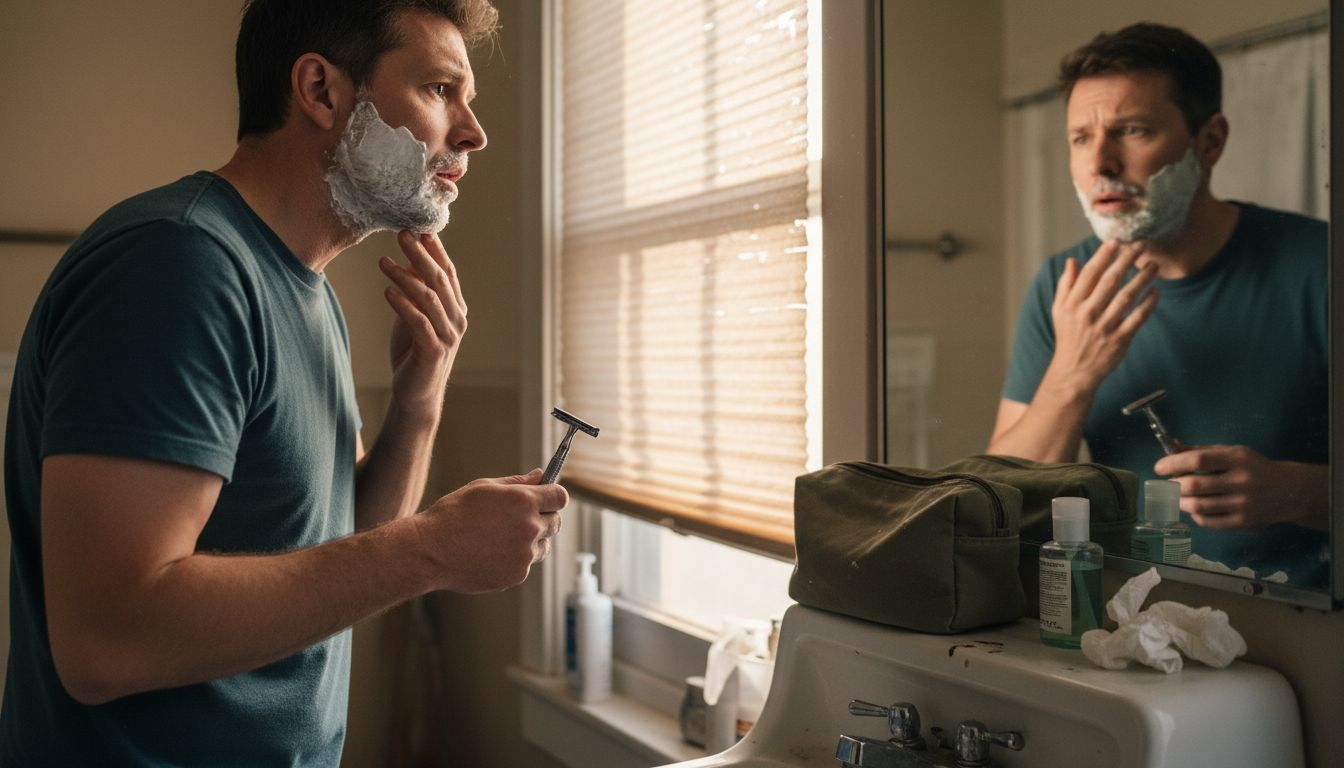 Man checking skin irritation while shaving