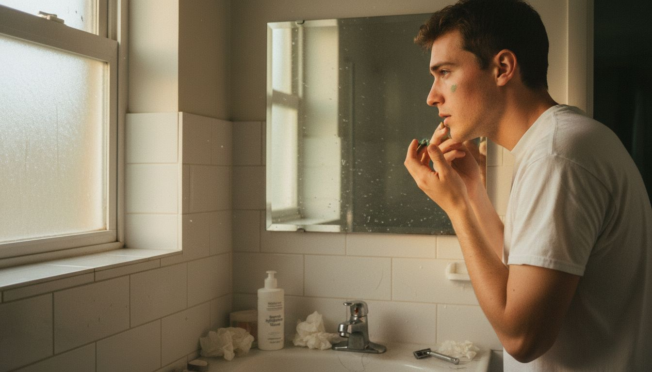 Man correcting skin tone in bathroom