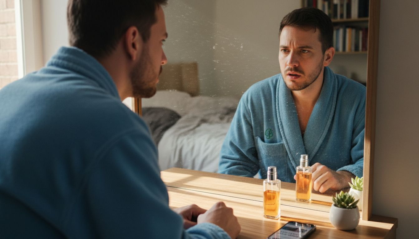 Man checking face for redness and blemishes