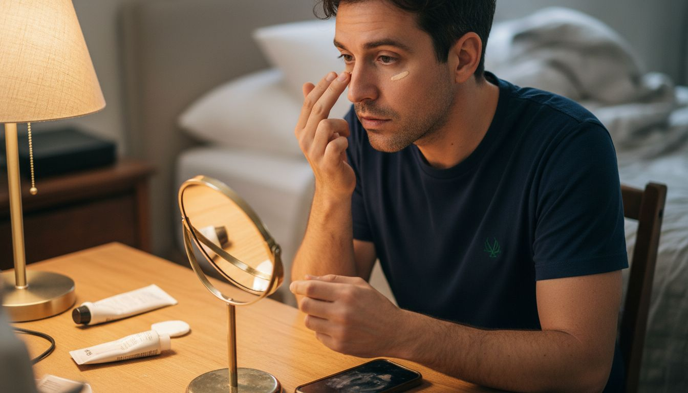 Man applying concealer under eye at vanity
