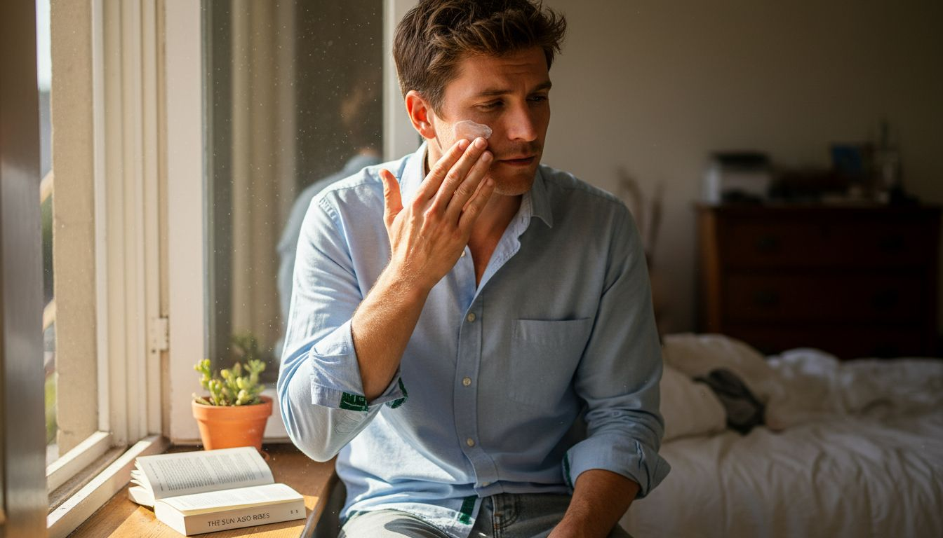 Man applying moisturizer with sunlight through bedroom window