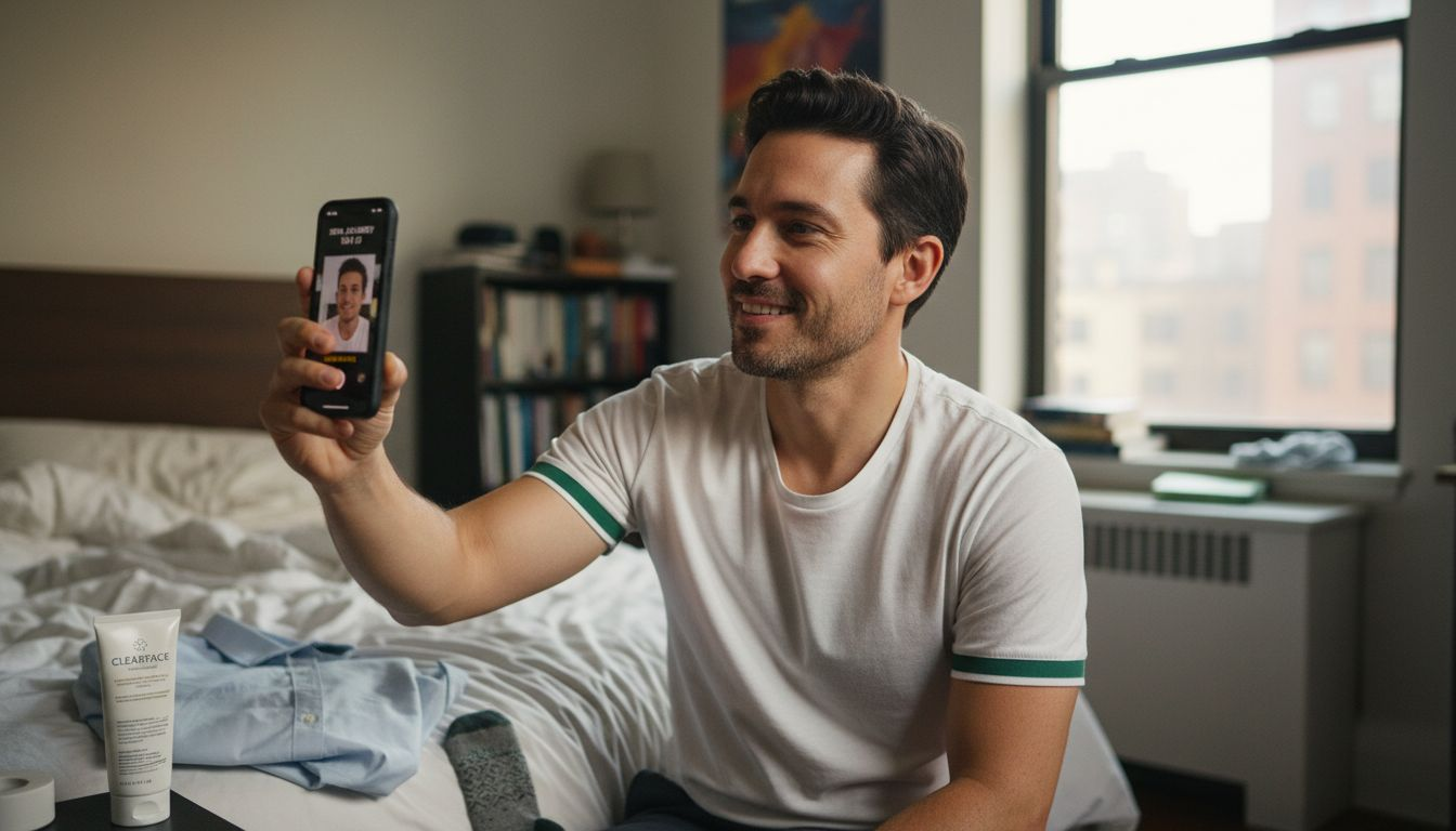 Man checking improved skin with phone photo
