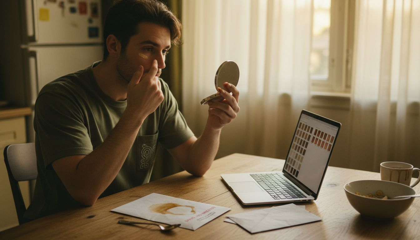 Applying concealer at kitchen table, natural setting