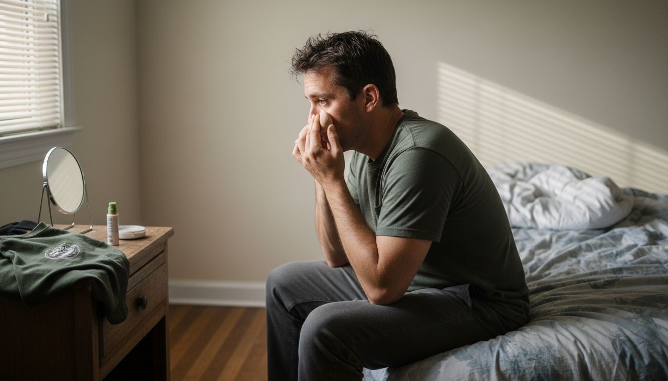 Man blending concealer with sponge in bedroom