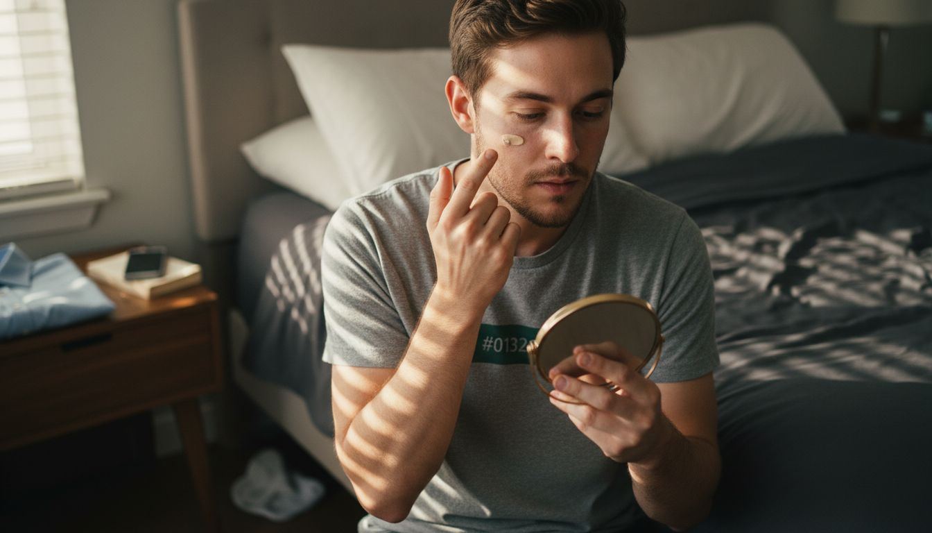 Man dabs concealer at bedroom mirror