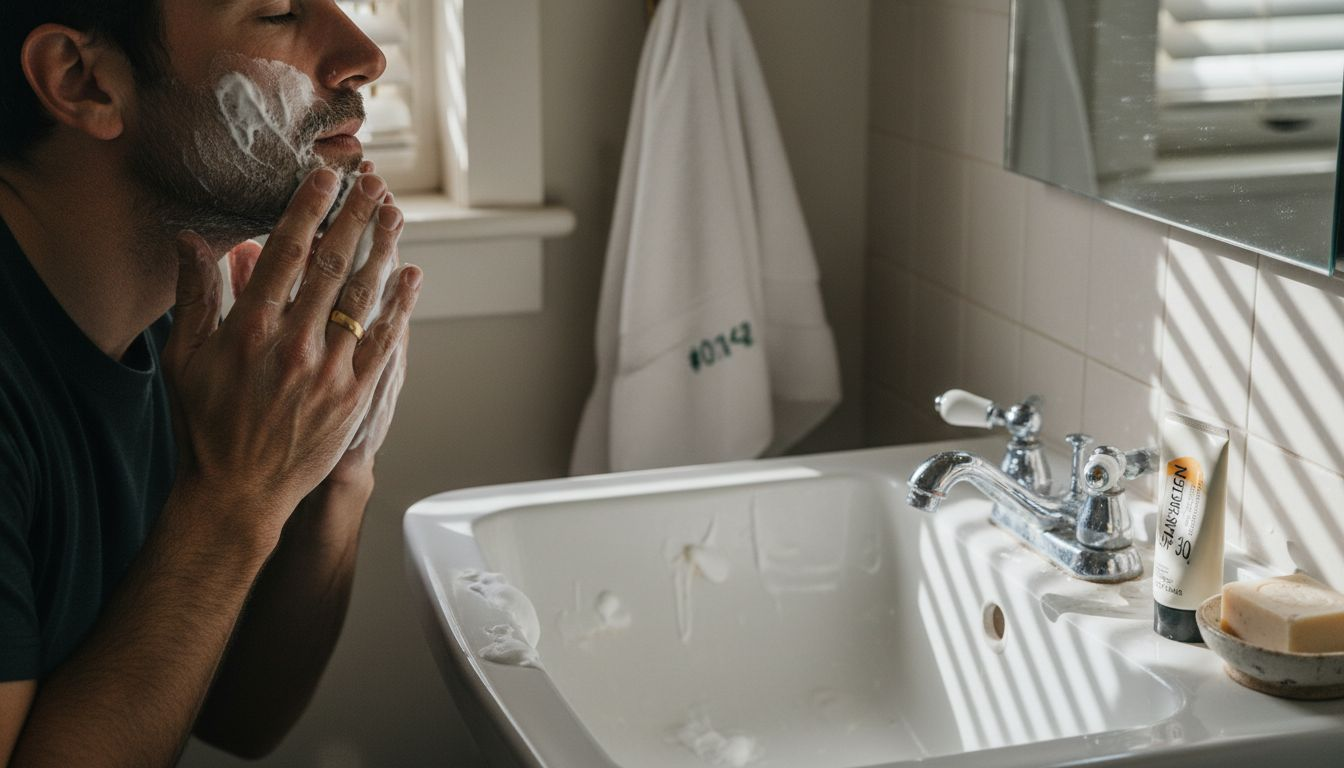 Close-up of man cleansing his face in morning