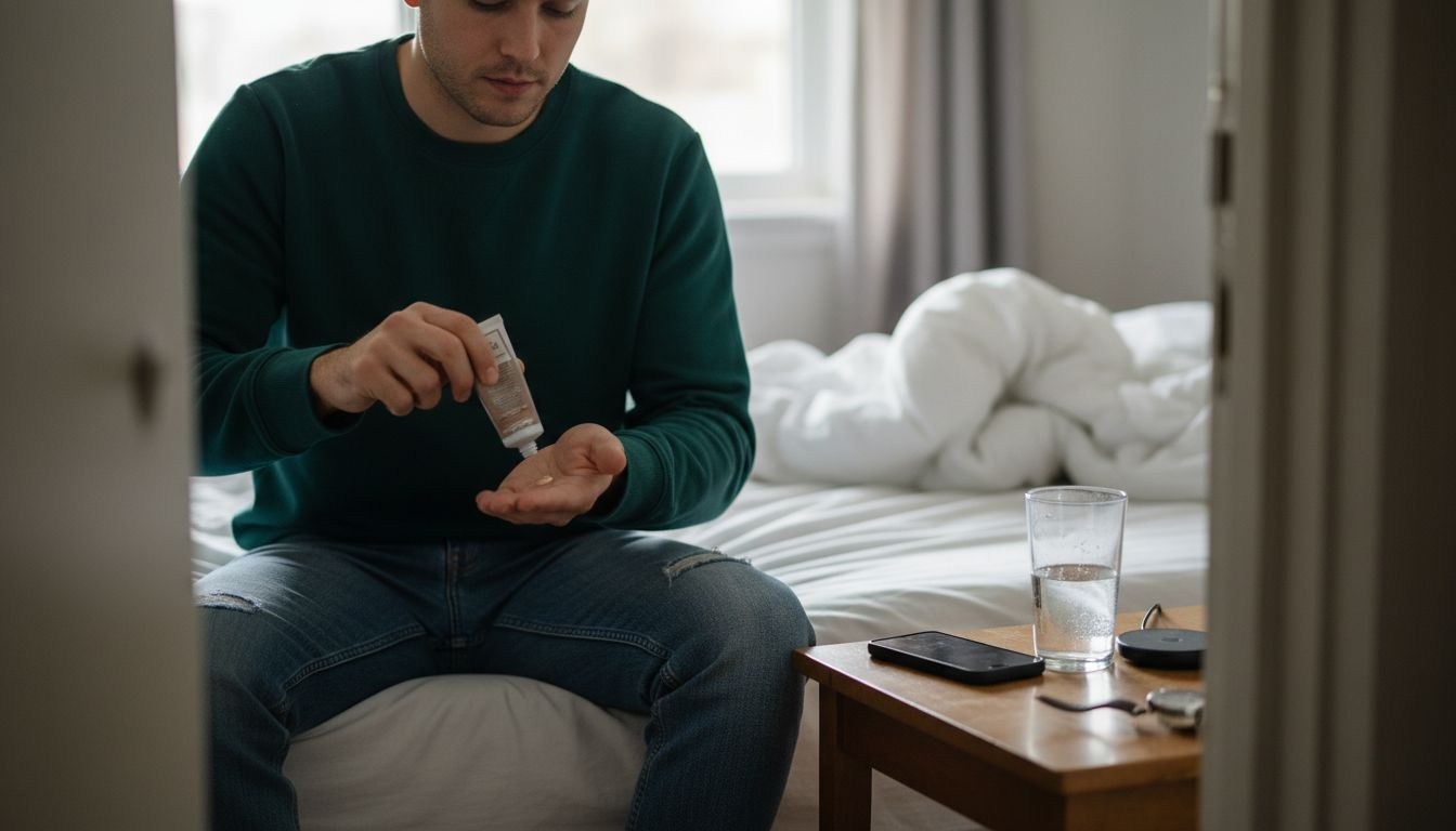 Man prepares facial cosmetic in bedroom morning