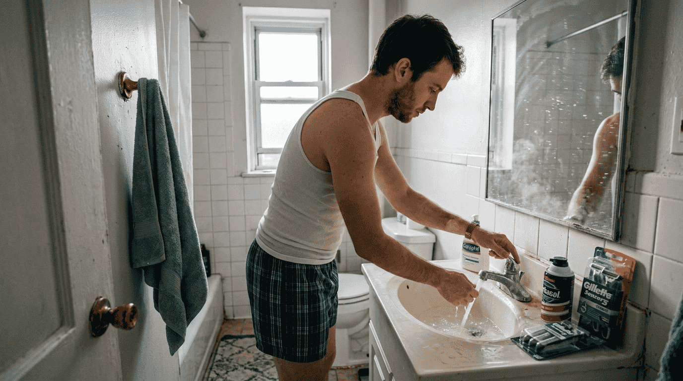 Man preparing to shave in bathroom