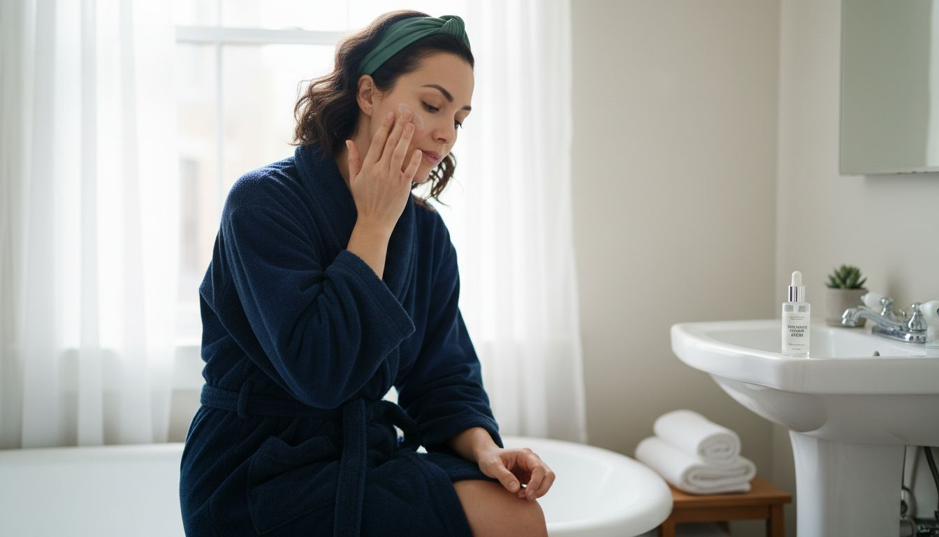 Woman applying moisturizer in bright bathroom