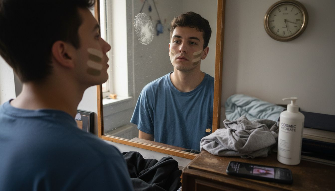 Man checks concealer shades on jawline