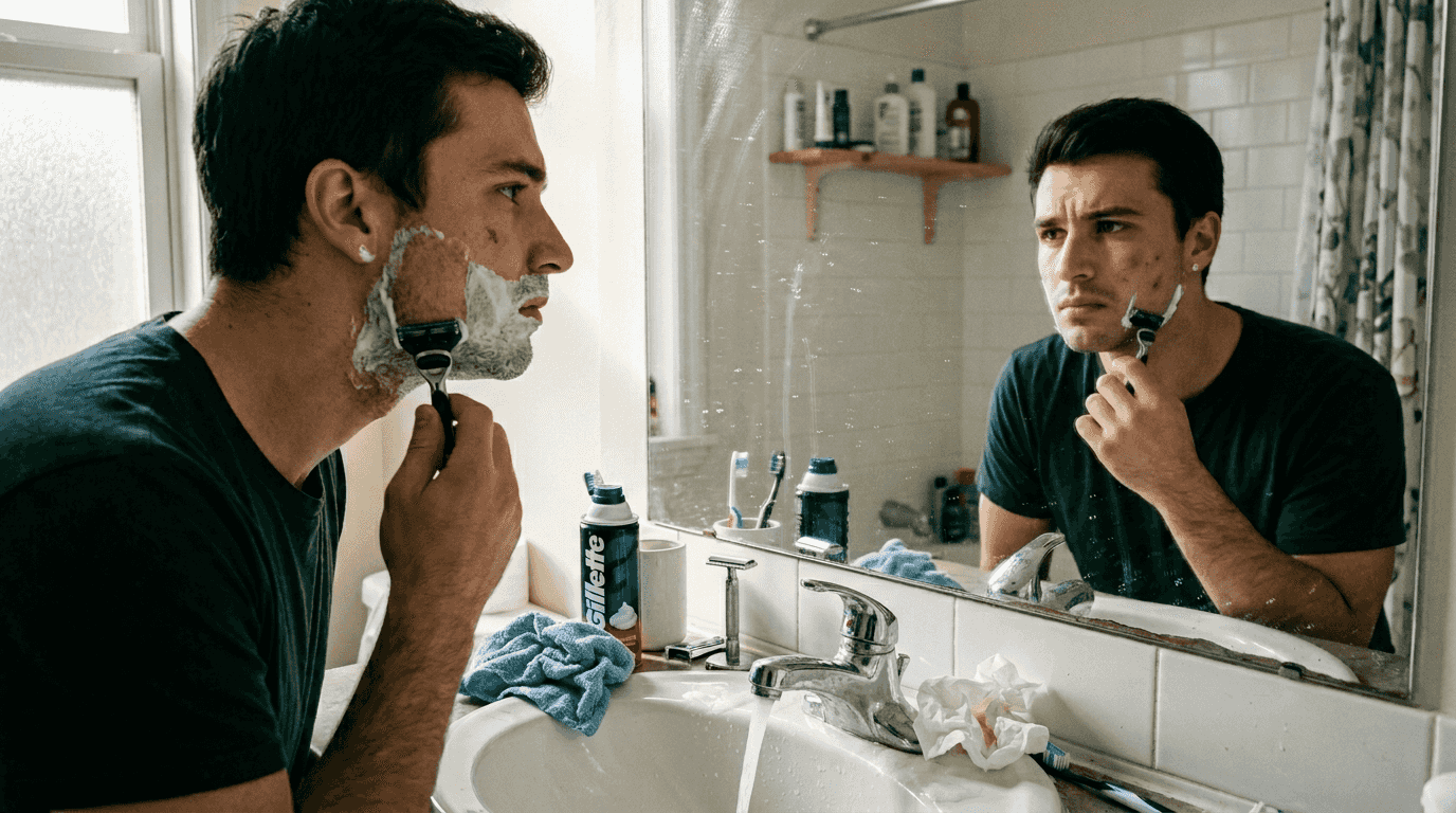 Close-up of man shaving with skin irritation