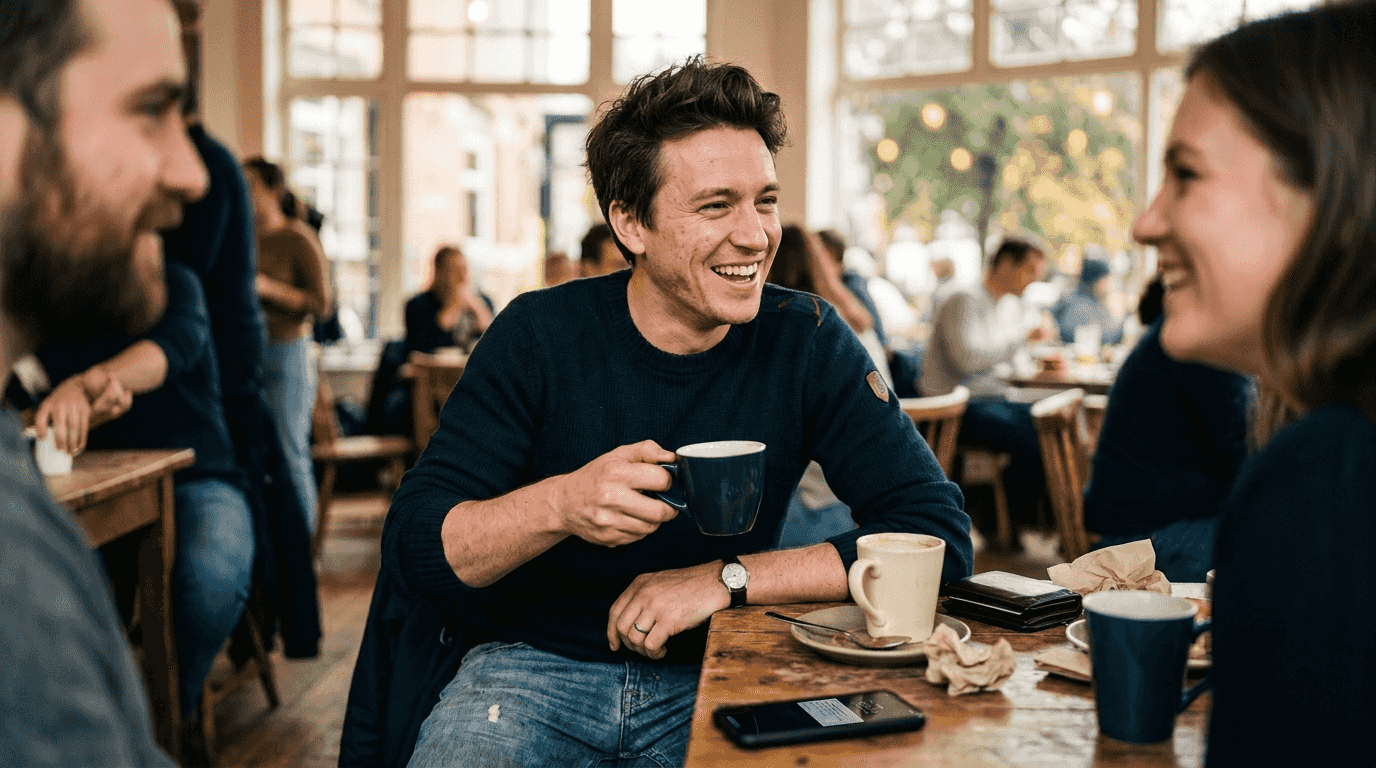Man with healthy skin in social café setting