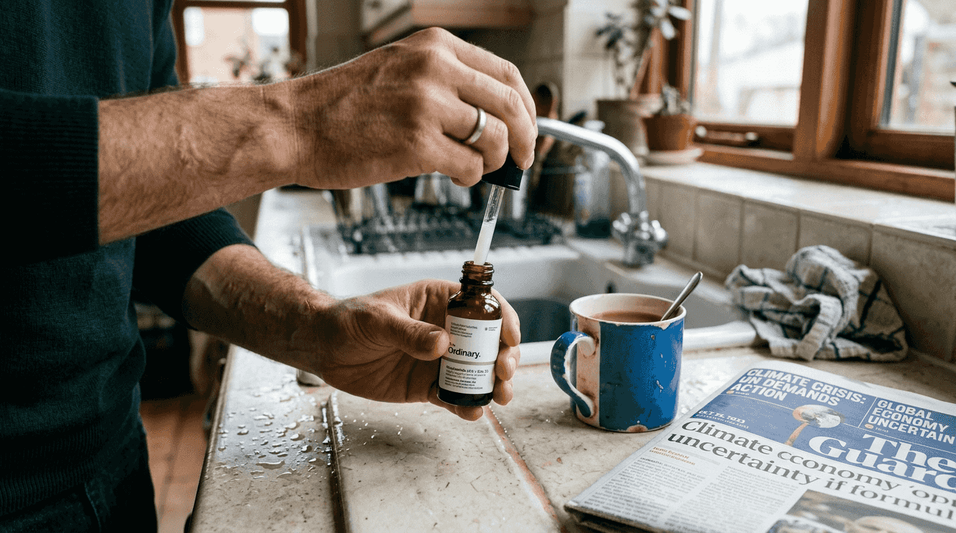 Close-up male hand holding niacinamide serum
