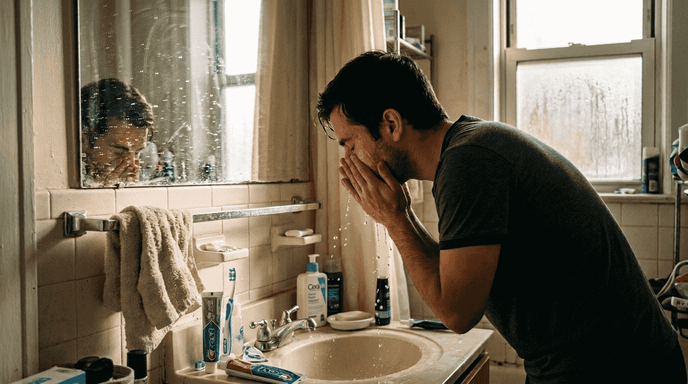 Man washing face during morning routine