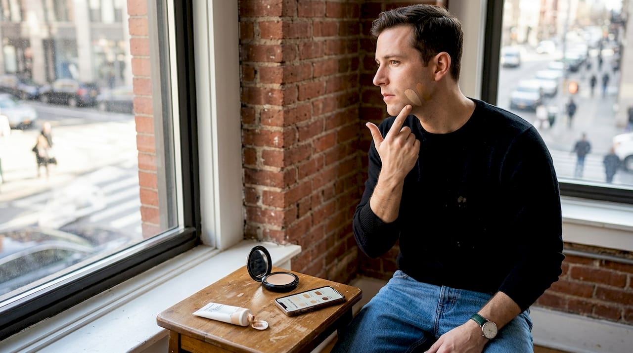 Man comparing foundation shades on jawline