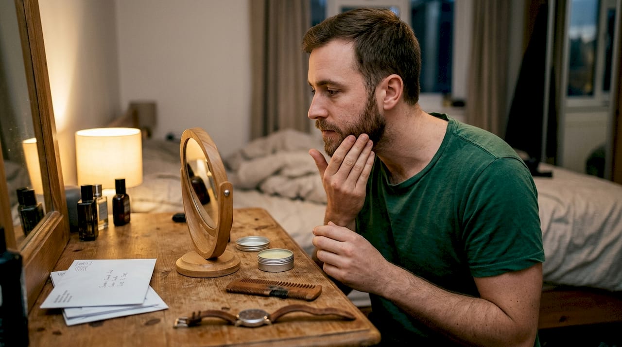 Man applying beard oil at bedroom dresser